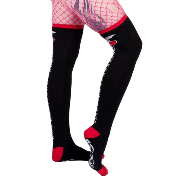 Too Fast Cherry Bow Tattoo Thigh High Socks NWT - Picture 3 of 6